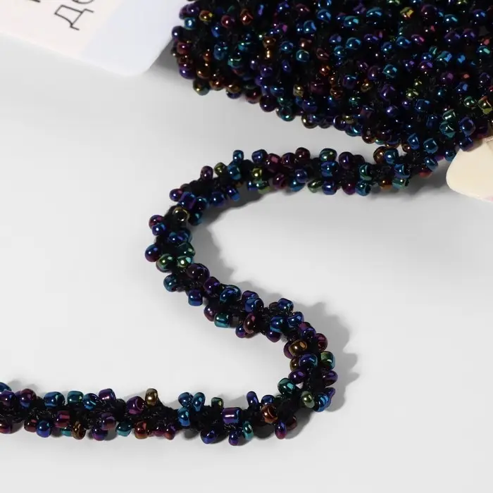 Тесьма декоративная с бисером, 6 мм, 2,7 ± 0,5 м, цвет бензиновый Тесьма декоративная с бисером, 6 мм, 2,7 ± 0,5 м, цвет бензиновый