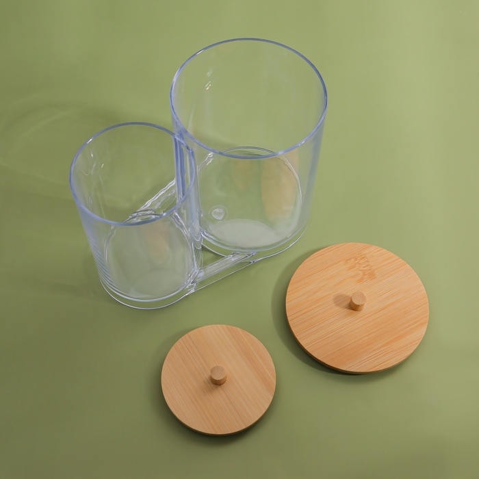 Органайзер для ватных палочек и дисков «BAMBOO», с крышкой, 12 × 8,5 × 11 см, в картонной коробке, цвет прозрачный/коричневый