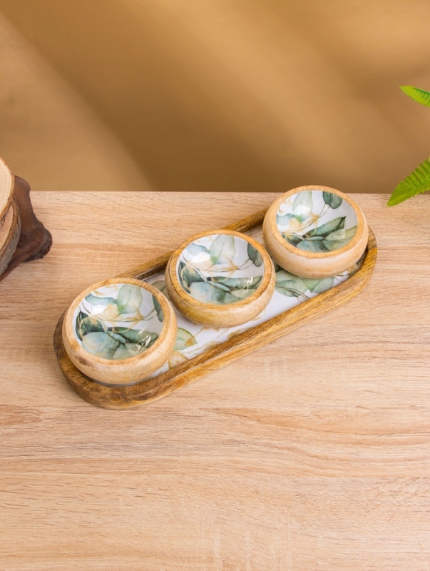 Набор розеток на подносе  Набор розеток на подносе "Листья" (3 шт) дерево манго 33,5х13х6,5 см