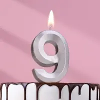 Свеча в торт «Цифра 9», серебряная, 6.5 см
