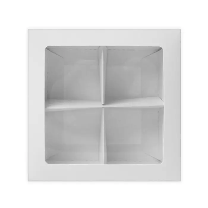 Коробка для 4 конфеты, с окном, целлюлоза белая,12.5×12.5×3.5 см Коробка для 4 конфеты, с окном, целлюлоза белая,12.5×12.5×3.5 см