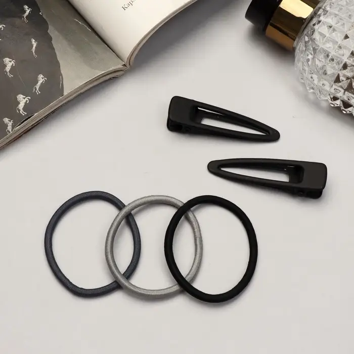 Набор для волос QF &laquo;Лиора&raquo;, 6 резинок, 2 заколки 5 см, классика, чёрно-серый