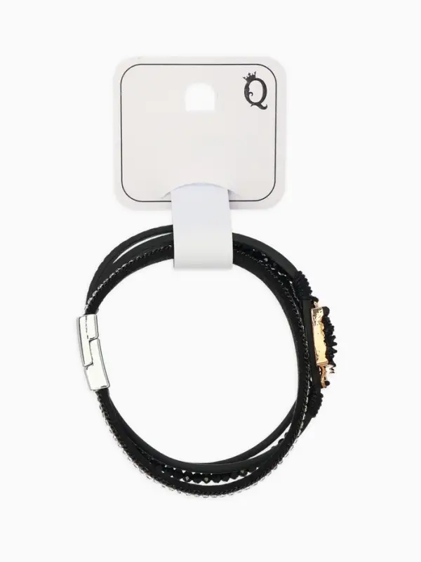 Браслет кожаный на магните &laquo;Камни и стразы&raquo;, L=19.5 см, белый, чёрный в серебре