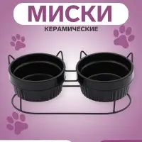 Миски на подставке, 2&times;250 мл, керамика, чёрные