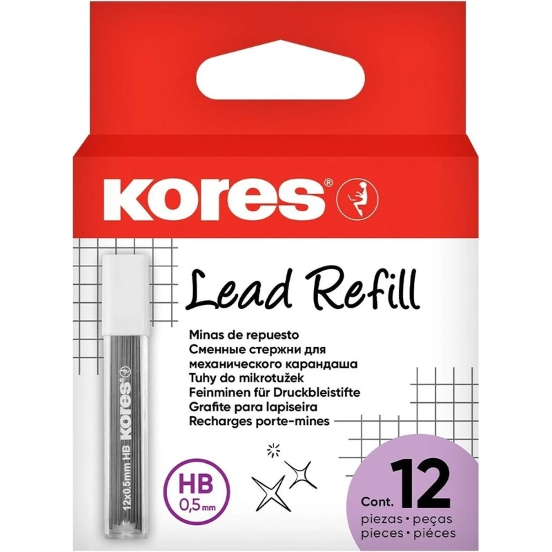 Стержень микрограф. полимерный KORES 0,5мм HB 12 грифелей/уп 99053