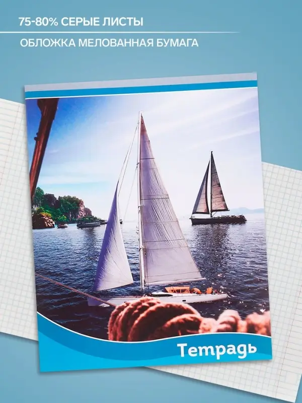 Тетрадь 48 листов в клетку, Calligrata «Корабли», обложка мелованная бумага, серые листы, МИКС