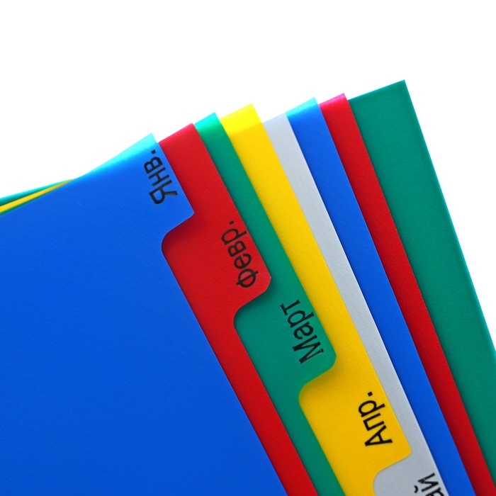 Набор разделителей листов А4+ Office-2000, по месяцам ЯНВ-ДЕК, 12 листов, цветные, пластик 140 мкм Набор разделителей листов А4+ Office-2000, по месяцам ЯНВ-ДЕК, 12 листов, цветные, пластик 140 мкм