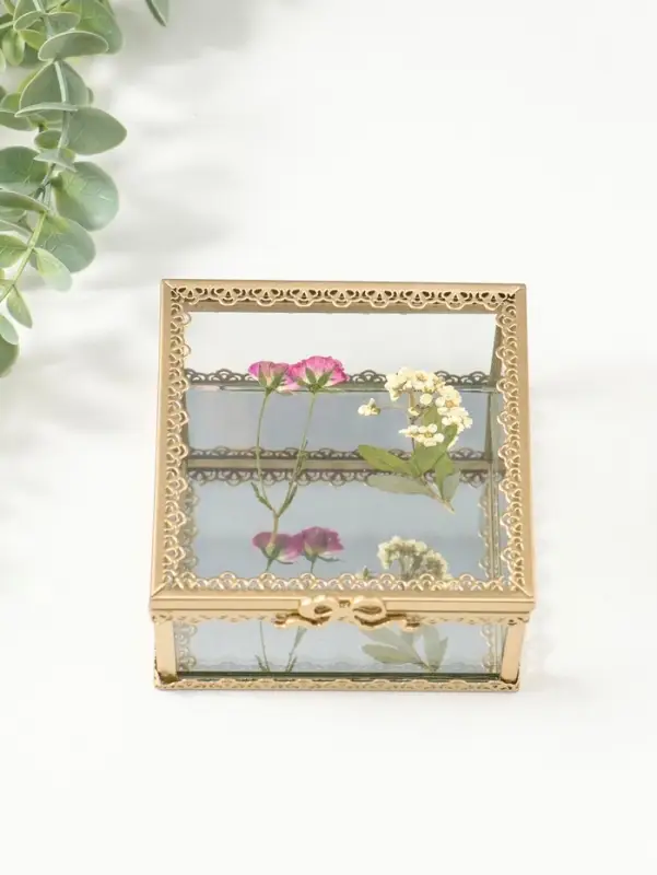 Шкатулка стекло с металлическим каркасом "Сухоцветы" квадрат 10х10,5х5,2 см