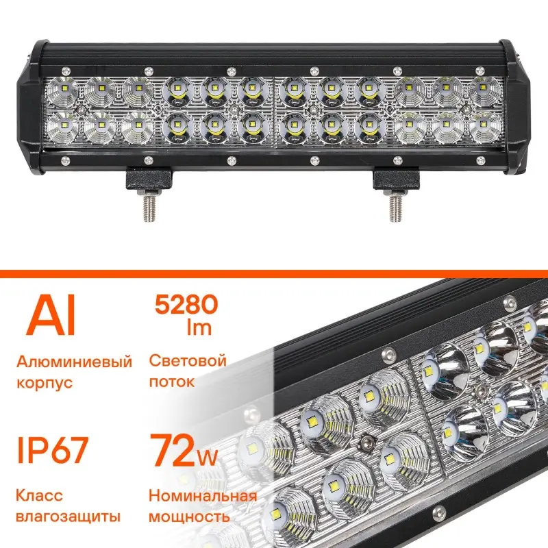 Фара светодиодная (балка) двухрядная, 24 LED комбинир. свет, 72W, (300х78х65) 12/24V