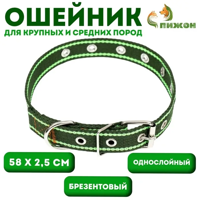 Ошейник брезентовый безразмерный однослойный, 58&times;2.5 см, хаки/зелёный