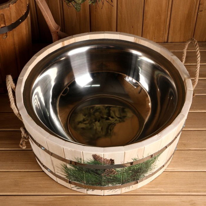 Шайка из липы, 12,5 л, нержавеющая вставка, нержавеющий обод, Шайка из липы, 12,5 л, нержавеющая вставка, нержавеющий обод, "Еловая ветка"