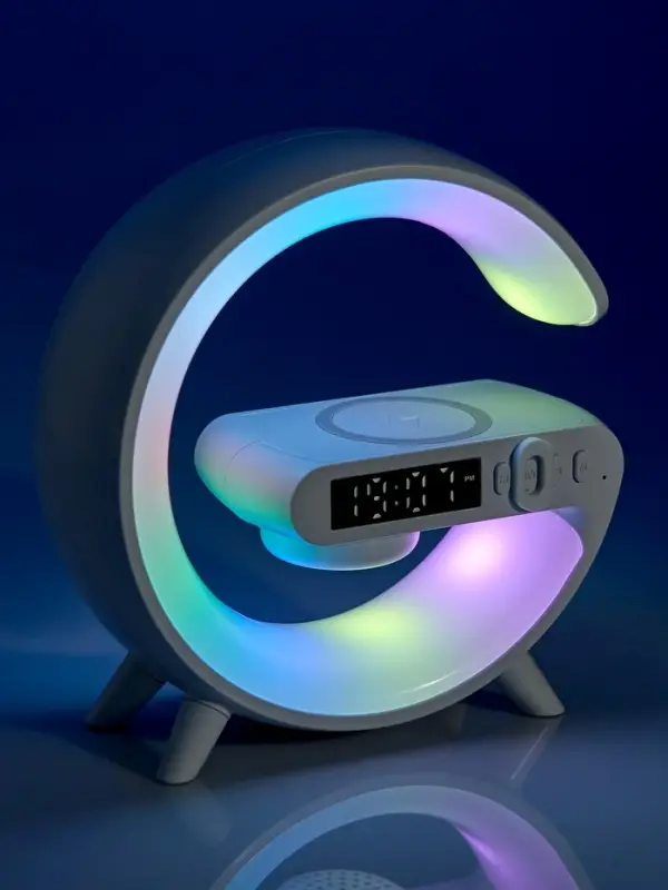 Колонка портативная - ночник G63, Bluetooth, беспроводная зарядка, часы, RGB-подсветка, 15 Вт, 1800 мАч, белая