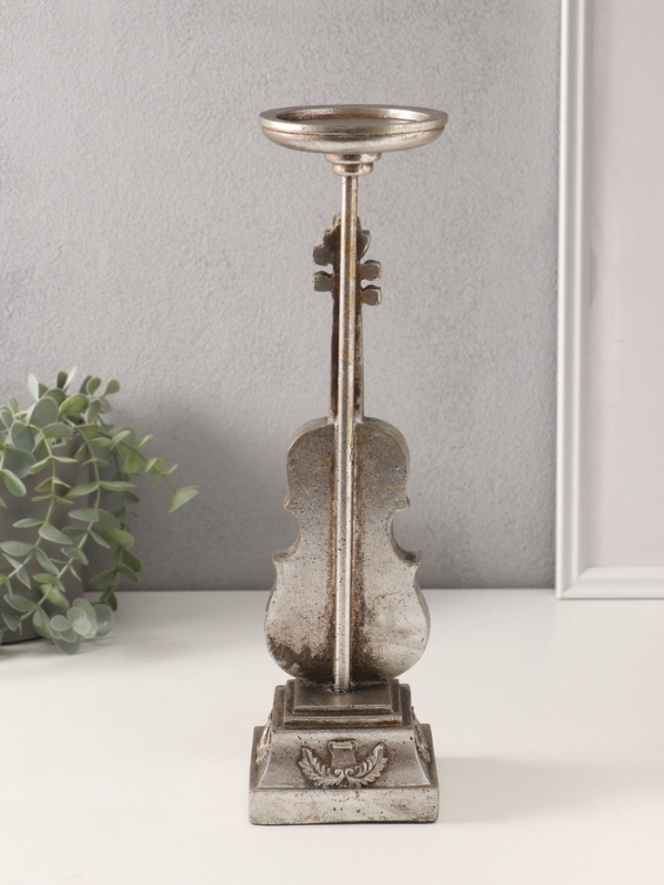 Подсвечник полистоун на 1 свечу "Скрипка" серебро 10х10х36 см