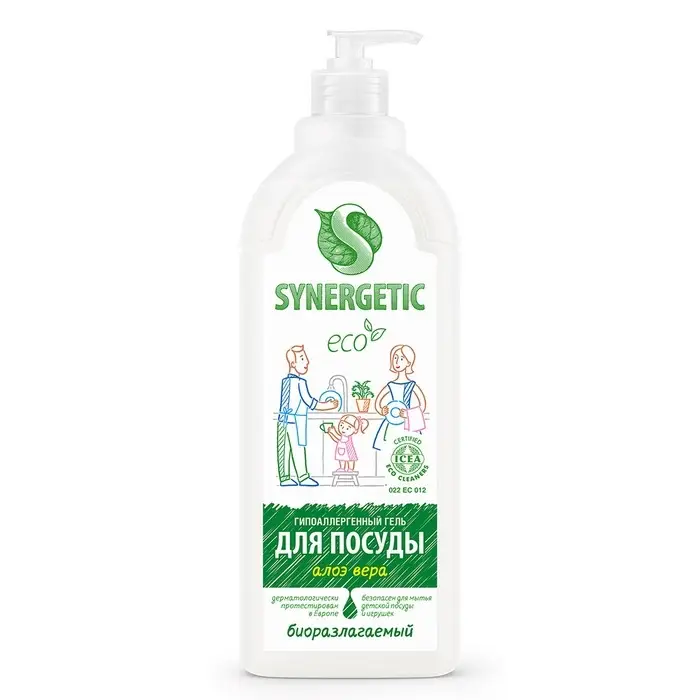 Средство для мытья посуды Synergetic, антибактериальный гель, биоразлагаемый, алоэ вера, 1 л