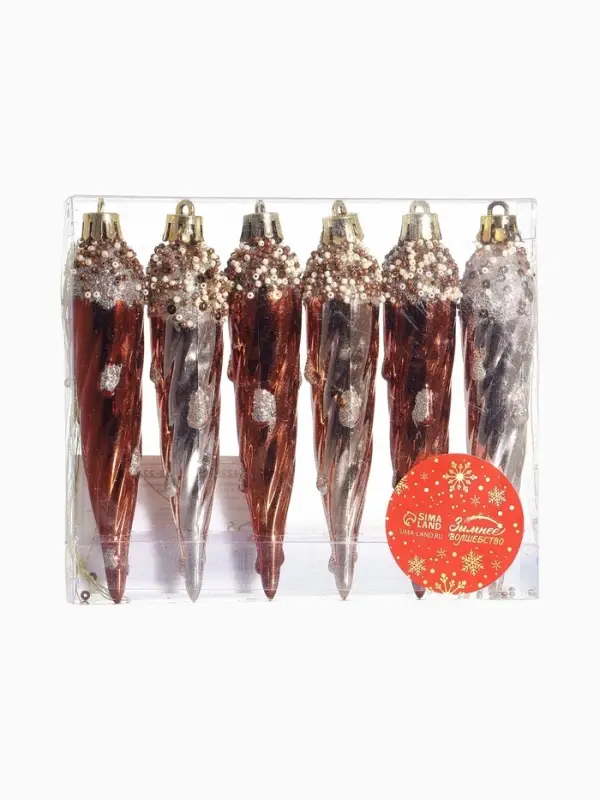 Ёлочные игрушки набор 6 шт. &laquo;Сосулька верхушка блеск&raquo;, 13&times;3 см, золото/коричневый