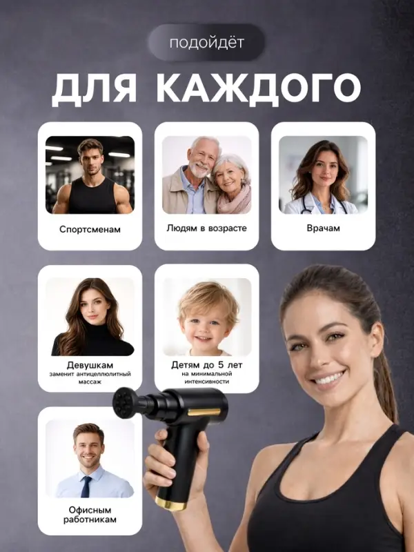 Массажёр для тела LEM-02, вибрационный, 4 насадки, 6 режимов, 1800-3200 об/мин, чёрный