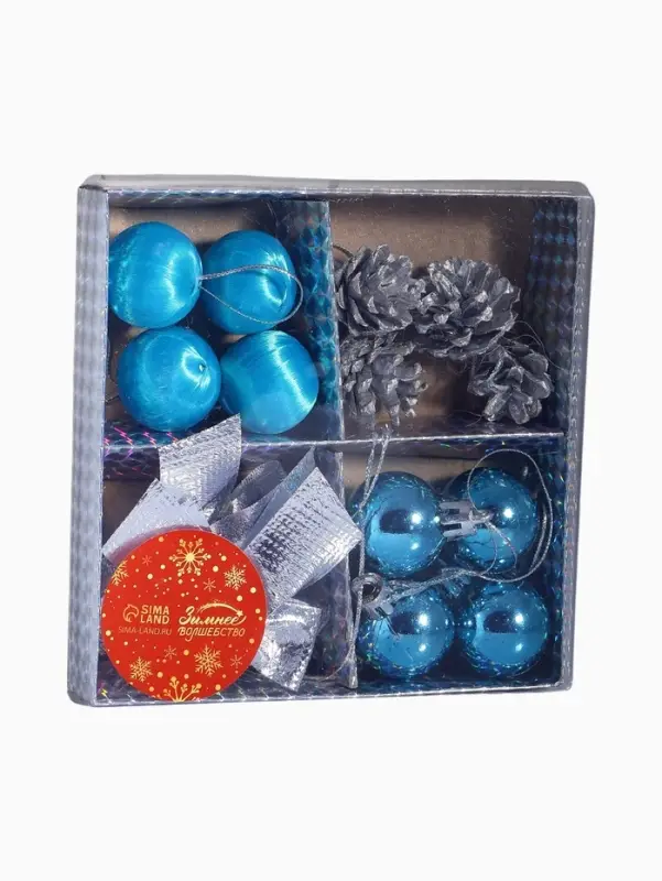 Ёлочные игрушки &laquo;Карнавал&raquo;, набор 16 шт. (4 бантика, 4 шишки, 8 шаров) серебристый/голубой
