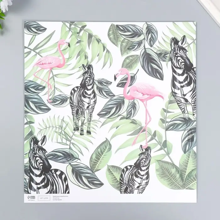 Бумага для скрапбукинга двусторонняя "Попугаи, фламинго и зебры" плотность 180 гр 30,5х32 см