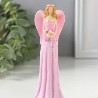 Сувенир полистоун "Девушка-ангел в розовом платье усыпанном цветами" 4х3,5х13 см