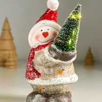 Сувенир керамика свет "Снеговик в серебристой шубке с ёлочкой" 9,5х7,5х14,5 см