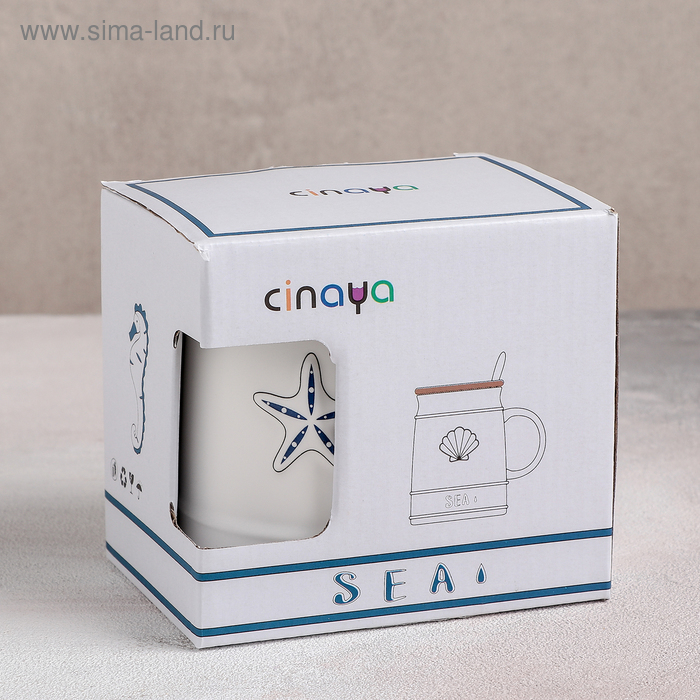 Кружка керамическая с деревянной крышкой и ложкой «Морская», 400 мл, рисунок МИКС Кружка керамическая с деревянной крышкой и ложкой «Морская», 400 мл, рисунок МИКС