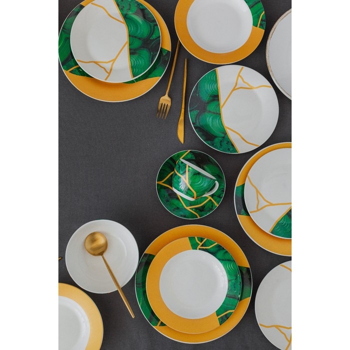 Сервиз фарфоровый чайный Доляна «Малахитовая шкатулка», 12 предметов: 6 чашек 250 мл, 6 блюдец d=15 см, цвет зелёный