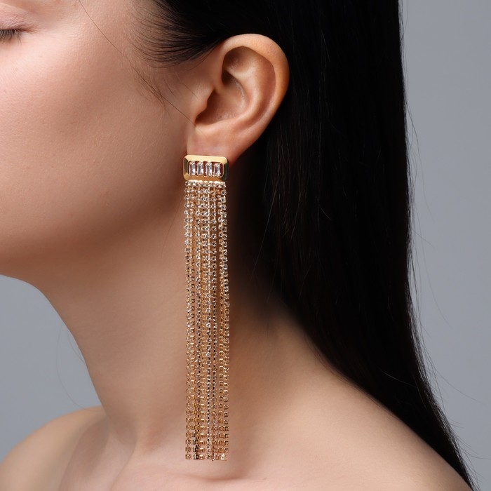 Серьги висячие со стразами «Голливуд» прямоугольник, 8 рядов, цвет белый в золоте, 12 см Серьги висячие со стразами «Голливуд» прямоугольник, 8 рядов, цвет белый в золоте, 12 см