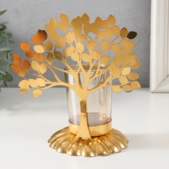 Подсвечник металл, стекло на 1 свечу  Подсвечник металл, стекло на 1 свечу "Дерево с листьями" d=4,7 см, золото 14,7х9,3х15 см