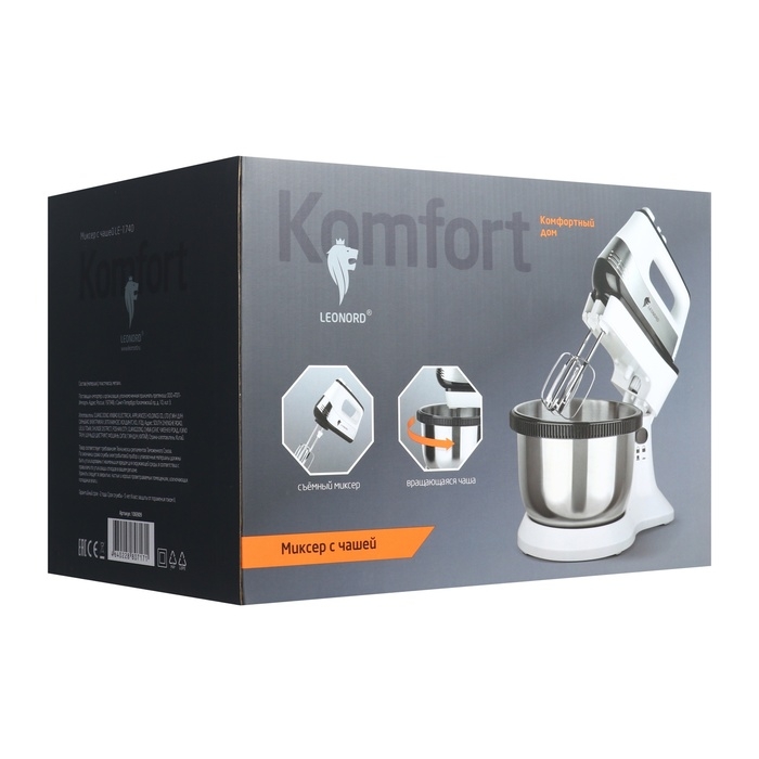 Миксер Leonord LE-1740, ручной/стационарный, 600 Вт, 4 л, 5 скоростей, режим  Миксер Leonord LE-1740, ручной/стационарный, 600 Вт, 4 л, 5 скоростей, режим "турбо", белый