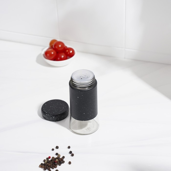 Солонка стеклянная «Стиль», 150 мл, 5,5×8 см, цвет чёрный мрамор Солонка стеклянная «Стиль», 150 мл, 5,5×8 см, цвет чёрный мрамор