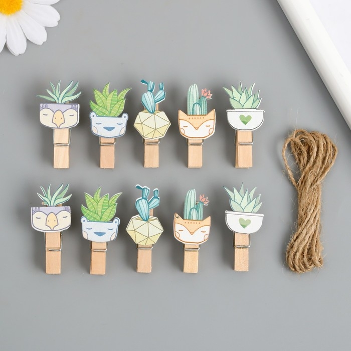 Декор для творчества дерево Декор для творчества дерево "Прищепка. Растения в горшочках" набор 10 шт 4х2х1,2 см