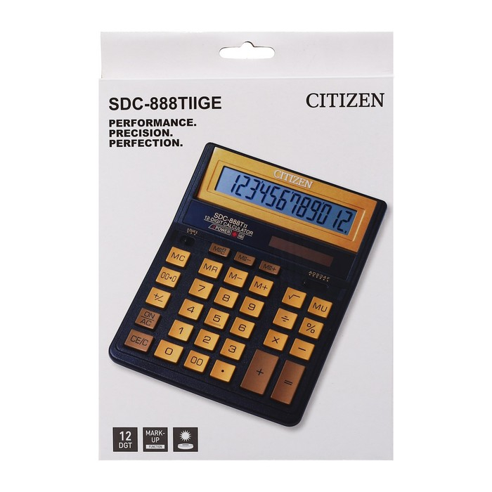 Калькулятор настольный Citizen  Калькулятор настольный Citizen "SDC-888TIIGE", 12-разрядный, 158 х 203 х 31 мм, двойное питание, чёрный/золото
