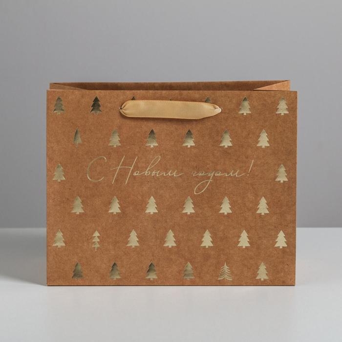 Пакет подарочный новогодний крафтовый горизонтальный «Ёлочки», MS 23 х 18 х 10 см, Новый год Пакет подарочный новогодний крафтовый горизонтальный «Ёлочки», MS 23 х 18 х 10 см, Новый год