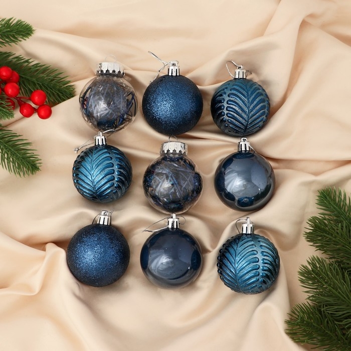 Набор шаров пластик d-6 см, 9 шт Набор шаров пластик d-6 см, 9 шт "Мелодия" веточки диско, синий