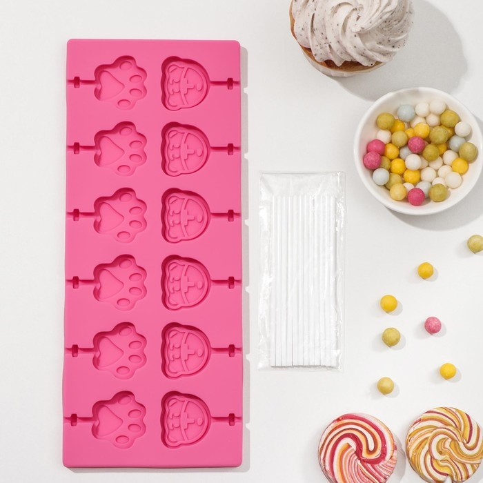 Форма для леденцов Доляна «Мишка», силикон, 25×10,5×1 см, 12 ячеек (3×3,3 см), с палочками, цвет МИКС Форма для леденцов Доляна «Мишка», силикон, 25×10,5×1 см, 12 ячеек (3×3,3 см), с палочками, цвет МИКС