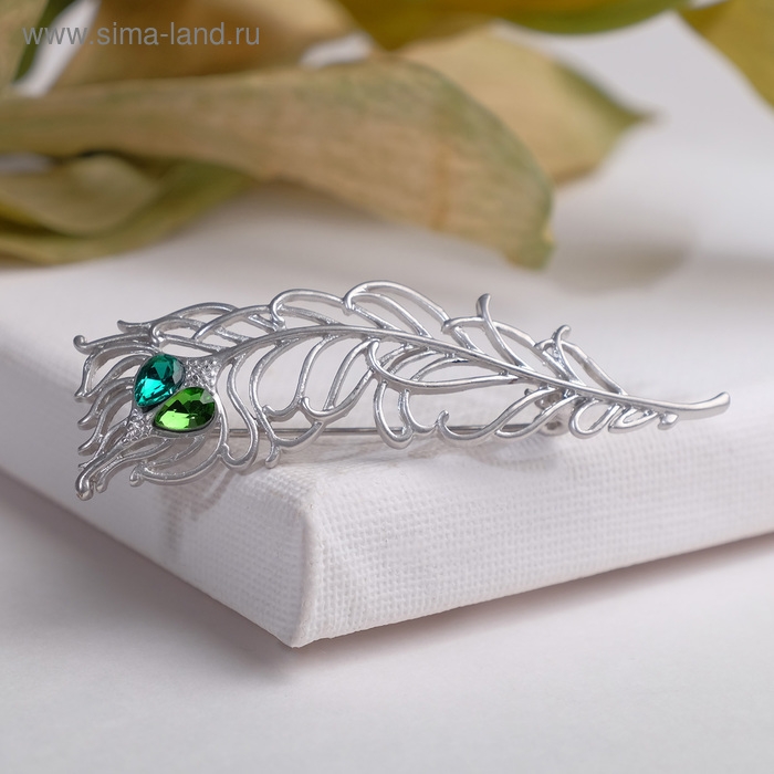 Брошь «Перо», цвет зелёный в матовом серебре Брошь «Перо», цвет зелёный в матовом серебре