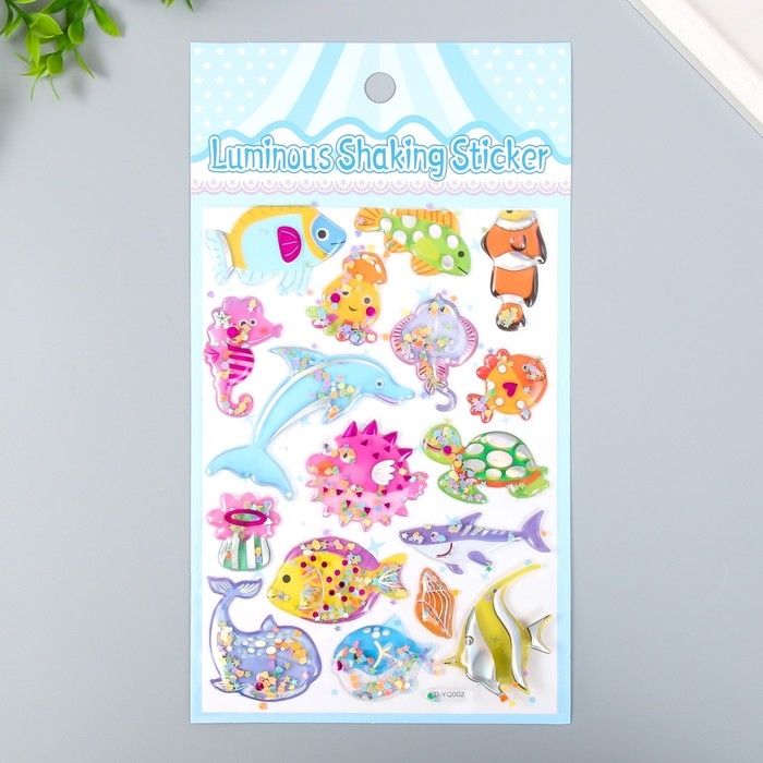 Наклейка пластик объёмные с глиттером Наклейка пластик объёмные с глиттером "Динозавры/Рыбы" золото/серебро МИКС