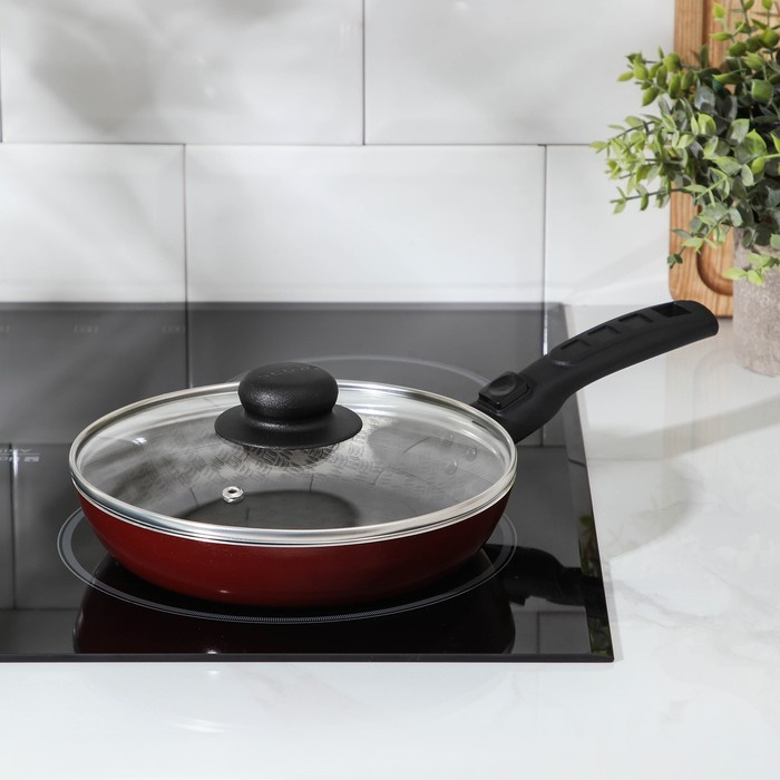 Сковорода «Альфа», d=20 см, съёмная ручка, стеклянная крышка, антипригарное покрытие, цвет бордовый Сковорода «Альфа», d=20 см, съёмная ручка, стеклянная крышка, антипригарное покрытие, цвет бордовый