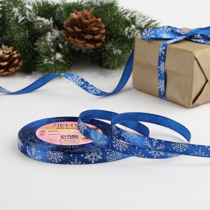 Новый год! Лента атласная «Снежинки», 10 мм, 23 ± 1 м, цвет синий №122 Новый год! Лента атласная «Снежинки», 10 мм, 23 ± 1 м, цвет синий №122