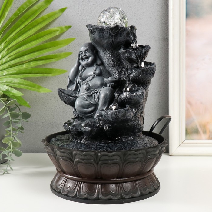 Фонтан настольный от сети, подсветка Фонтан настольный от сети, подсветка "Хотей в сером лежит на слитках золота" 21х21х30 см