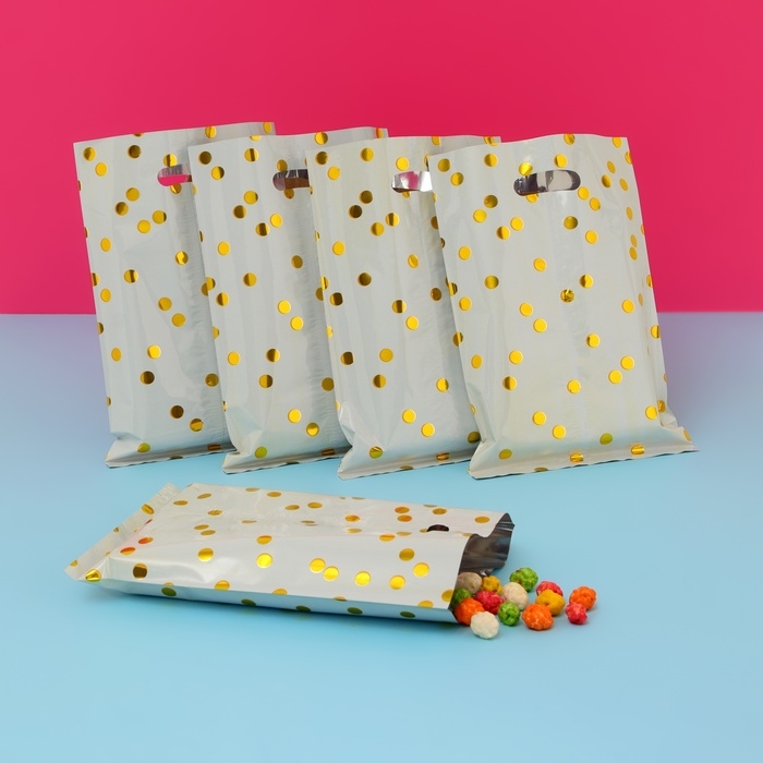 Набор подарочных пакетов, металлизированныей, Набор подарочных пакетов, металлизированныей, "Горох" белый 17х25 см , 20 микрон 10 шт набор