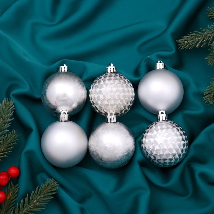 Набор шаров пластик d-6 см, 6 шт Набор шаров пластик d-6 см, 6 шт "Пилар" серебро