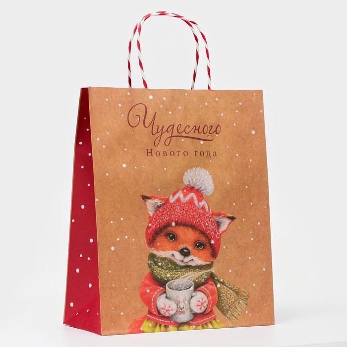 Новый год. Пакет бумажный подарочный новогодний крафт Новый год. Пакет бумажный подарочный новогодний крафт "Чудесного нового года" 26 х 32 х 12 см.