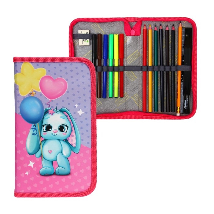 Пенал 1 секция, 115 х 205 мм, с наполнением 16 предметов, Calligrata Пенал 1 секция, 115 х 205 мм, с наполнением 16 предметов, Calligrata "Зайка" ламинированный картон, 30П26/set