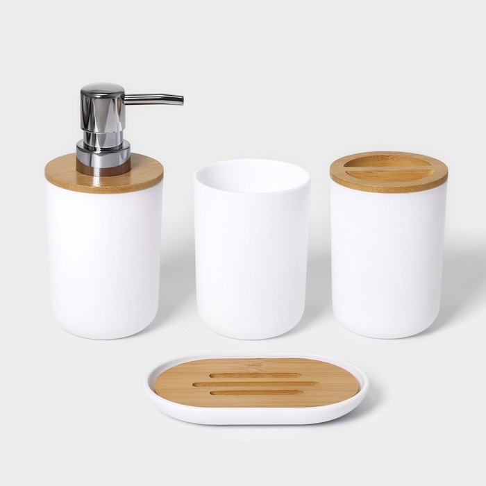 Набор аксессуаров для ванной комнаты SAVANNA «Вуди», 6 предметов (мыльница, дозатор, 2 стакана, ёршик, ведро), цвет белый Набор аксессуаров для ванной комнаты SAVANNA «Вуди», 6 предметов (мыльница, дозатор, 2 стакана, ёршик, ведро), цвет белый