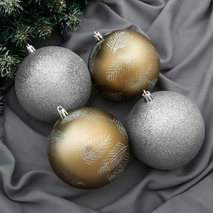 Набор шаров пластик d-10 см, 4 шт Набор шаров пластик d-10 см, 4 шт "Зимняя листва" серебро золото