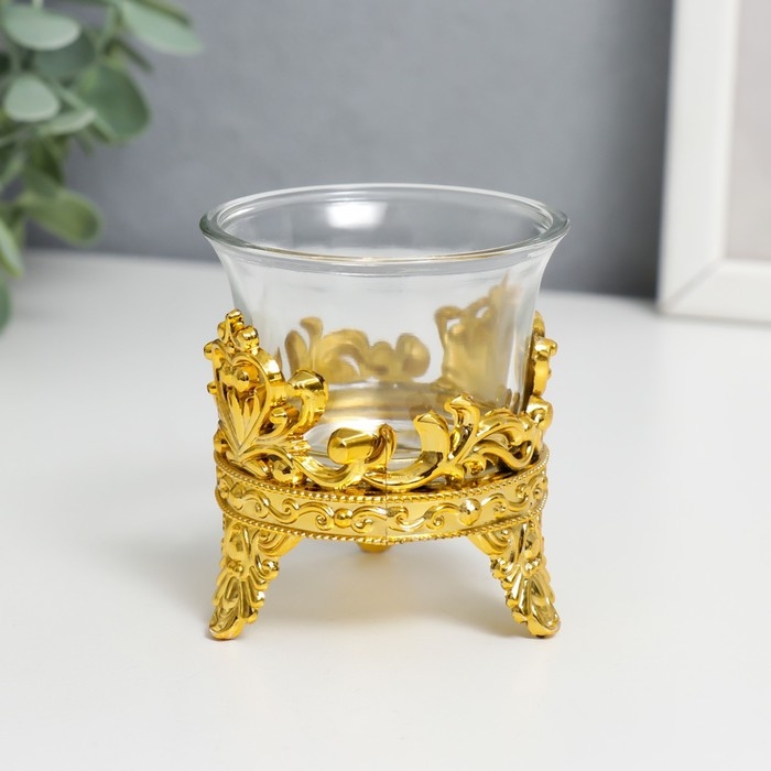 Подсвечник стекло, пластик на 1 свечу Подсвечник стекло, пластик на 1 свечу "Сердце из листьев сердце" золото 6,5х6х6 см