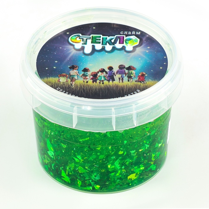 Слайм «Стекло» с зелёными блёстками слюда Слайм «Стекло» с зелёными блёстками слюда