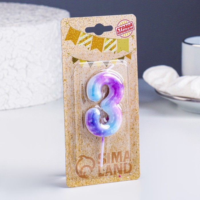 Свеча в торт на шпажке  Свеча в торт на шпажке "Галактика", цифра 3, 5,5 см