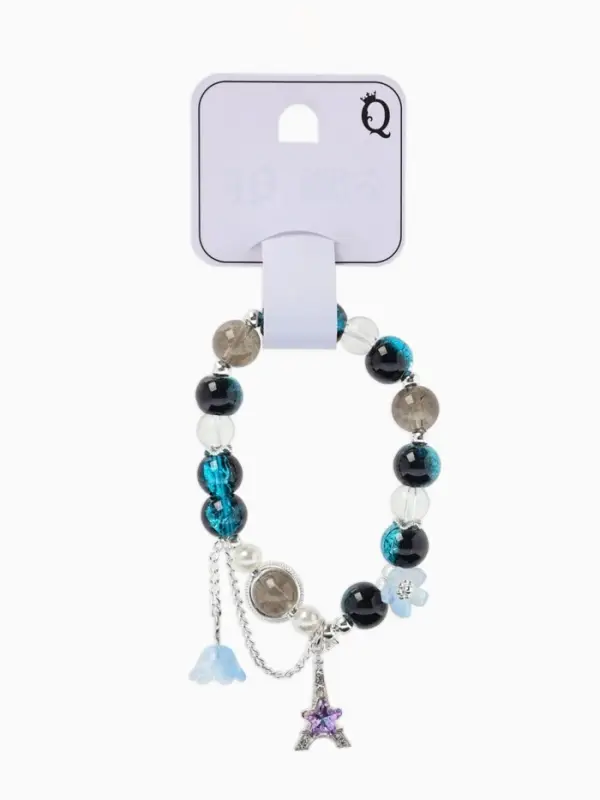 Браслет с подвесками &laquo;Сахарный. Башня с цветами&raquo;, d=6 см, шар №10/8, чёрный, синий в серебре